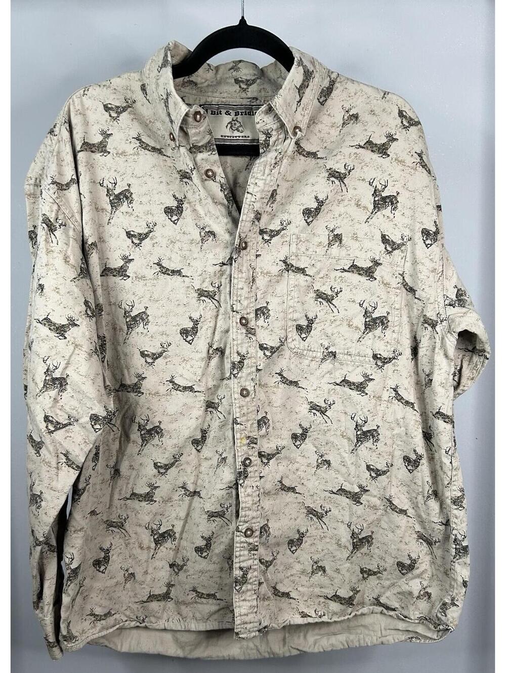 Bit & Bridle Deer Print Long Sleeve Button Down Shirt Men’s Size Large